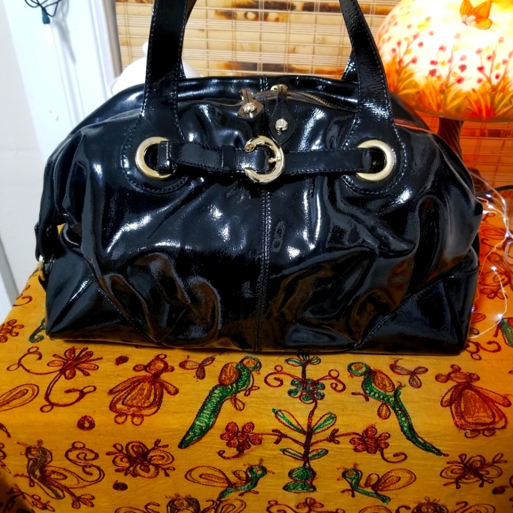 Francesco Biasia Black Star Crazy Patent Leather Bowling Bag.